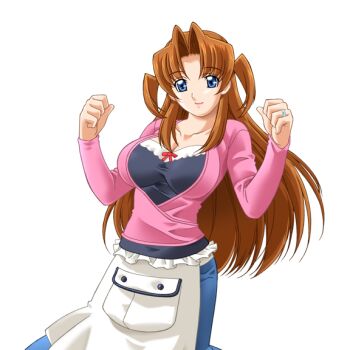 1girl apron blue_eyes breasts brown_hair cleavage game_cg gan-chan_(artist) hitozuma_sentai_aisaiger impossible_clothes impossible_shirt jewelry large_breasts large_variant_set long_hair mature_female morisaki_miku non-web_source official_art ring shirt skirt smile solo transparent_background two_side_up variant_set waist_apron wedding_ring