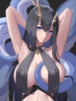 1girl absurdres antlers armpits arms_behind_head asymmetrical_horns azur_lane black_dress black_hair blue_eyes breast_curtains breasts cleavage commentary_request dress golden_hind_(azur_lane) hair_between_ass highres horns huge_breasts long_hair looking_at_viewer mole mole_under_mouth presenting_armpit reindeer_antlers revealing_clothes solo suction_cups tentacle_between_breasts upper_body very_long_hair yomi1221