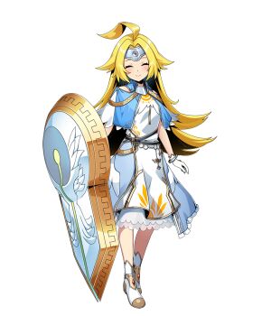 1girl ahoge artist_request black_hair closed_eyes closed_mouth dress duel_masters duel_masters_play's gloves gold_trim headband holding holding_shield huge_ahoge long_hair official_art peace_lupia shield shoes smile solo transparent_background white_dress white_gloves white_shoes