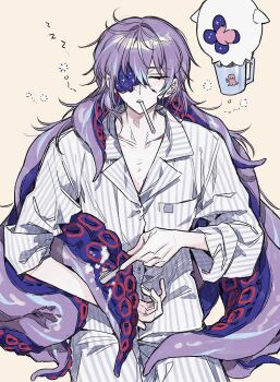 1boy blue_hair blush breast_pocket closed_eyes collarbone collared_shirt commentary cracked_skin cup hair_between_eyes highres holding holding_toothbrush hollow_body hoshirube_sho long_hair long_sleeves male_focus mug multicolored_hair mummeo_p nijisanji open_mouth otomo_(hoshirube_sho) pajamas pants pocket purple_hair shirt simple_background sitting sleepy sleeves_rolled_up solo squeans streaked_hair striped_clothes striped_pajamas striped_pants striped_shirt suction_cups symbol-only_commentary teeth tentacle_hair tentacles toothbrush toothbrush_in_mouth upper_teeth_only vertical-striped_clothes vertical-striped_pajamas vertical-striped_pants vertical-striped_shirt virtual_youtuber white_pajamas white_pants white_shirt yellow_background zzz
