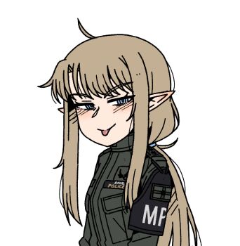 1girl :p ahoge armband blonde_hair blue_eyes breasts commentary green_jacket jacket karepack long_hair long_sidelocks looking_at_viewer low_ponytail medium_breasts military_uniform original pointy_ears ponytail sidelocks smile solo symbol-only_commentary tongue tongue_out upper_body yi_jina