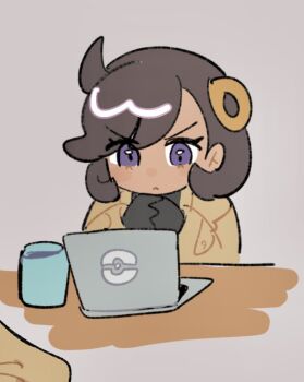 1girl black_bodysuit black_hair bodysuit bodysuit_under_clothes breasts closed_mouth computer cup dark-skinned_female dark_skin emma_(pokemon) hair_ornament han0579 jacket laptop nintendo pokemon pokemon_legends:_z-a purple_eyes short_hair simple_background solo table upper_body