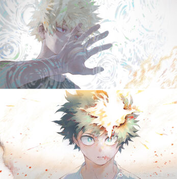 2boys bakugou_katsuki bare_shoulders blonde_hair blood blood_on_face blurry blurry_foreground boku_no_hero_academia bright_pupils chinese_commentary closed_mouth dried_blood film_grain freckles green_eyes green_hair hair_between_eyes hand_up highres looking_ahead looking_at_viewer male_focus midoriya_izuku multiple_boys open_hand outstretched_hand parted_lips red_eyes rika_(rika_ktdk) ripples sanpaku shirt short_hair sleeveless spiked_hair split_screen tank_top v-shaped_eyebrows watermark weibo_watermark white_background white_pupils