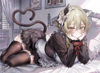 1girl alternate_costume animal_ears apron arm_support black_dress black_garter_straps black_thighhighs blonde_hair bound cat_ears cat_girl cat_tail closed_mouth commentary_request dress enmaided garter_straps genshin_impact hair_between_eyes highres indoors kemonomimi_mode long_sleeves lumine_(genshin_impact) maid on_bed pillow short_hair solo tail thighhighs tied_up_(nonsexual) utsuhostoria white_apron yellow_eyes