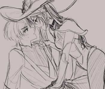 1boy 1girl aitsuwu arm_support blush bodysuit choker couple detached_sleeves doodles earrings face-to-face genshin_impact girl_on_top hand_on_another&#039;s_shoulder hat hatching_(texture) hetero highleg highleg_leotard highres japanese_clothes jewelry kimono layered_clothes layered_kimono leotard linear_hatching long_hair looking_at_another mandarin_collar mona_(genshin_impact) monochrome open_clothes open_kimono open_mouth pantyhose parted_bangs scaramouche_(genshin_impact) short_sleeves star_(symbol) star_earrings straddling sweatdrop thigh_straddling twintails v-shaped_eyebrows wanderer_(genshin_impact) witch_hat