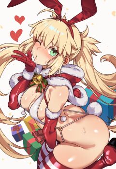 1girl absurdres animal_ears artoria_caster_(fate) artoria_pendragon_(fate) ass bikini blonde_hair blowing_kiss blush breasts christmas ebora elbow_gloves fate/grand_order fate_(series) gift gloves green_eyes highres looking_at_viewer one_eye_closed rabbit_ears rabbit_tail red_thighhighs slingshot_swimsuit small_breasts solo swimsuit tail thighhighs twintails white_bikini