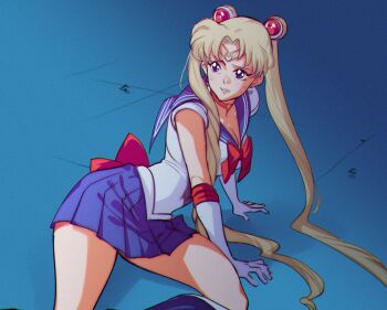 1girl bishoujo_senshi_sailor_moon blonde_hair blue_eyes blue_sailor_collar blue_skirt bow breasts choker chromatic_aberration cleavage crescent crescent_earrings double_bun earrings elbow_gloves film_grain gloves hair_bun heart heart_choker highres jewelry kukumomo long_hair magical_girl meme red_bow red_choker sailor_collar sailor_moon sailor_moon_redraw_challenge_(meme) sailor_senshi_uniform sketch skirt solo sweat tsukino_usagi twintails very_long_hair white_gloves