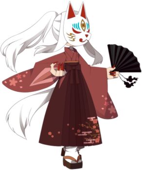 Rule 34 | 1girl, brown hakama, cherry blossoms, claws, covered face, floral print, folding fan, fox girl, fox mask, fox tail, full body, funamusea, funamusea (artist), geta, hakama, hand fan, holding, holding fan, japanese clothes, kimono, long hair, mask, official art, ponytail, red kimono, red nails, reina (funamusea), simple background, solo, standing, sutare yume, tabi, tail, white background, white hair, white tail, wide sleeves