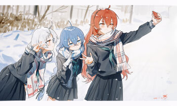 3girls absurdres ahoge aqua_neckerchief black_hairband black_sailor_collar black_serafuku black_shirt black_skirt blue_eyes blue_hair braid cellphone chinese_commentary closed_mouth commentary_request crossed_bangs dated elf eris_greyrat hair_between_eyes hairband hand_up highres holding holding_phone leaning_forward long_braid long_hair long_sleeves multiple_girls mushoku_tensei neckerchief outdoors phone pleated_skirt pointy_ears red_eyes red_hair roxy_migurdia sailor_collar scarf school_uniform selfie serafuku shirt short_hair signature skirt smartphone snow snowing standing sylphiette_(mushoku_tensei) twin_braids v very_long_hair white_hair white_scarf winter yisjhui