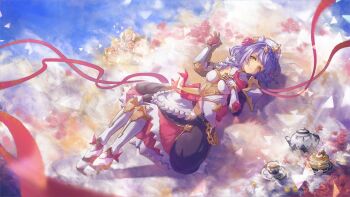 Rule 34 | 132z (dddbzx), 1girl, apron, armor, armored boots, armored dress, black dress, boots, breasts, commentary request, cup, dress, flower, food, full body, genshin impact, green eyes, grey hair, hair flower, hair ornament, hand on own chest, long sleeves, lying, maid, maid apron, maid headdress, medium breasts, medium hair, noelle (genshin impact), on back, pancake, plate, red flower, red ribbon, red rose, ribbon, rose, solo, teacup, teapot