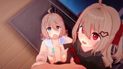 1boy 2girls 3d ahoge animated assisted_facial blue_eyes blush brown_hair clothed_female_nude_male clothed_sex cum cum_on_body ejaculation evil_neuro-sama facial fellatio ffm_threesome group_sex hair_ornament hair_ribbon hairclip handjob hetero highres indie_virtual_youtuber indoors koikatsu_(medium) large_penis licking licking_penis loli looking_at_viewer male_pubic_hair multiple_girls naughty_face neuro-sama nude oral penis penis_grab pov pov_crotch pubic_hair red_eyes ribbon rug smile table tagme teamwork_(sexual) threesome two_side_up uncensored video virtual_youtuber wataamage wooden_floor