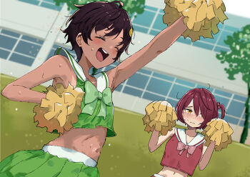 2girls absurdres ahoge arm_up armpits black_hair blush bow brown_eyes cheerleader closed_eyes commentary dark-skinned_female dark_skin embarrassed green_bow green_skirt highres holding holding_pom_poms jyuunen-kun komari_chika make_heroine_ga_oo_sugiru! midriff multiple_girls navel one_side_up open_mouth outdoors pink_bow pom_pom_(cheerleading) pom_poms red_hair short_hair skirt smile tree yakishio_lemon