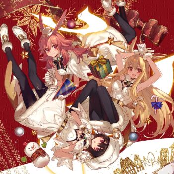 3girls alternate_costume bare_arms bare_shoulders belt black_hair black_legwear blonde_hair chocoan christmas coat eyebrows_hidden_by_hair fate/grand_order fate_(series) hair_between_eyes hat hildr_(fate) hildr_(ring_the_bell)_(fate) long_hair looking_at_viewer merry_christmas multiple_girls open_mouth ortlinde_(fate) ortlinde_(ring_the_bell)_(fate) pantyhose pink_hair red_eyes santa_costume short_hair smile thighhighs thrud_(fate) thrud_(ring_the_bell)_(fate) valkyrie_(fate)