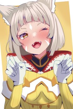 1girl absurdres animal_ear_fluff animal_ears blush cat_ears cat_girl commentary_request eyelashes fangs gloves grey_hair highres jumpsuit medium_hair nia_(xenoblade) one_eye_closed open_mouth paw_pose slit_pupils smile solo upper_body white_gloves xenoblade_chronicles_(series) xenoblade_chronicles_2 yellow_background yellow_eyes yellow_jumpsuit yuzi124
