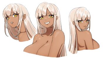 1girl absurdres alternate_hairstyle breasts commentary daydarion english_commentary grey_hair grin highres hololive hololive_english huge_breasts long_hair looking_at_viewer multiple_views nude simple_background smile tsukumo_sana upper_body very_long_hair virtual_youtuber white_background yellow_eyes