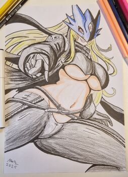 absurdres artist_name beelstarmon belt black_gloves blonde_hair breasts digimon digimon_(creature) evil_grin evil_smile gloves grin highres jacket kaschmatz large_breasts leather leather_jacket leather_pants long_hair mask navel pants pointing pointing_at_viewer smile traditional_media underboob