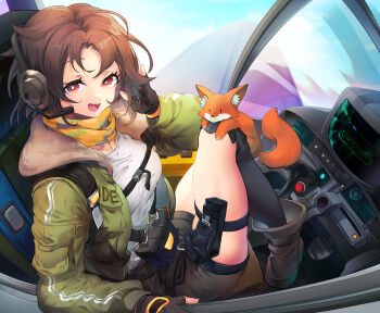 Rule 34 | 1girl, absurdres, airplane interior, animal, black gloves, bright pupils, brown hair, brown shorts, commentary, commission, earhart (neural cloud), earphones, english commentary, fingerless gloves, fox, fur-trimmed jacket, fur trim, girls' frontline, girls' frontline neural cloud, gloves, green jacket, highres, jacket, looking at viewer, microphone, open mouth, pixiv commission, pouch, red eyes, scarf, shirt, shorts, smile, striped clothes, wangpo, white pupils, white shirt, yellow scarf