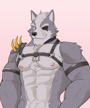 1boy abs absurdres animal_ears bara bare_pectorals biceps closed_mouth commentary english_commentary eyepatch furry furry_male grey_fur highres looking_at_viewer male_focus muscular muscular_male naikumaart navel nintendo nipples one_eye_covered pectorals shoulder_spikes smile spikes star_fox strap topless_male white_background wolf_boy wolf_ears wolf_o&#039;donnell