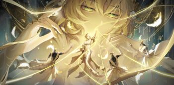 1girl absurdres aglaea_(honkai:_star_rail) arm_up blonde_hair blue_background bright_pupils dress eyelashes feathers flower full_body glowing gradient_eyes green_eyes hair_between_eyes hair_flower hair_ornament high_heels highres honkai:_star_rail honkai_(series) light_particles long_dress long_hair long_sleeves looking_at_another mannequin meng_qiao multicolored_eyes multiple_views pelvic_curtain puppet_strings shoes stiletto_heels white_dress white_flower white_pupils white_shoes yellow_eyes