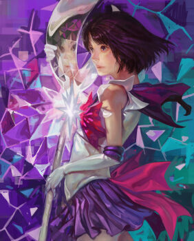 1990s_(style) 1girl bishoujo_senshi_sailor_moon bob_cut bow brooch elbow_gloves female_focus gloves holding holding_polearm holding_spear holding_weapon jewelry k-bose magical_girl polearm purple_eyes purple_hair purple_skirt realistic red_bow reflection retro_artstyle sailor_saturn silence_glaive skirt solo source_request spear staff star_brooch tomoe_hotaru weapon white_gloves
