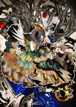 2girls absurdres apple asakura_toru bare_shoulders bird blue_eyes bracelet commentary_request earrings feather_hair_ornament feathers flower food fruit fumage_(idolmaster) hair_ornament highres idolmaster idolmaster_shiny_colors idolmaster_shiny_colors_song_for_prism jewelry laughing long_hair multiple_girls open_mouth pearl_bracelet purple_flower purple_hair purple_rose rose tree yukoku_kiriko