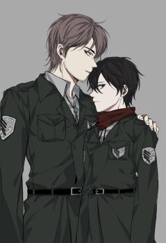 1boy 1girl affair bad_id bad_pixiv_id bad_tag beard_stubble betrayal black_eyes black_hair brown_hair cheating_(relationship) closed_mouth disgrace disgust facial_hair grey_background hand_on_another&#039;s_shoulder hd158 highres jean_kirstein jewelry long_sleeves mikasa_ackerman military military_uniform necklace netorare out_of_character red_scarf scarf shingeki_no_kyojin short_hair sideburns simple_background stubble survey_corps_(emblem) unfaithful