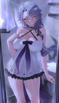 1girl black_choker black_ribbon breasts choker cleavage closed_eyes corrupted_twitter_file cosplay criss-cross_straps dress grey_hair hair_between_eyes hair_ribbon highres long_hair phase_connect ribbon second-party_source shisui_michiru_(phase_connect) smile solo utatane_nasa utatane_nasa_(cosplay) virtual_youtuber white_dress yoellim5