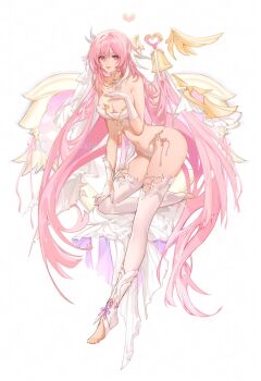 1girl bare_shoulders barefoot bell bra breasts bridal_veil commentary elf elysia_(herrscher_of_human:_ego)_(honkai_impact) elysia_(honkai_impact) floating_hair gloves hair_between_eyes hair_spread_out heart highres honkai_(series) honkai_impact_3rd large_breasts long_hair looking_at_viewer midriff navel nevercrymoon panties pink_hair pointy_ears purple_eyes smile thighhighs thighs underwear veil very_long_hair white_background white_bra white_gloves white_panties white_thighhighs white_veil