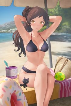 1girl absurdres arms_behind_head arms_up bag ball beach beach_umbrella bikini black_bikini blush breasts brown_eyes brown_hair closed_mouth collarbone crossed_legs day hanamasa_ono highres idolmaster idolmaster_million_live! innertube kitazawa_shiho long_hair looking_at_viewer navel outdoors parted_lips ponytail sitting solo stuffed_animal stuffed_cat stuffed_toy swim_ring swimsuit umbrella