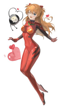 Rule 34 | 1girl, absurdres, angel (evangelion), ass, berryberi0 0, blue eyes, blush, bodysuit, breasts, brown hair, chibi, full body, hair between eyes, hair ornament, heart, highres, jumping, long hair, looking at viewer, mecha pilot suit, neon genesis evangelion, one eye closed, open mouth, plugsuit (evangelion), red bodysuit, sachiel (evangelion), simple background, skin tight, skindentation, smile, solo, souryuu asuka langley, two side up, white background, wide hips, wink