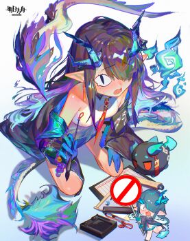 1girl absurdres arknights bare_shoulders black_hair blush chibi chibi_inset chinese_commentary commentary_request dragon_horns dragon_tail dusk_(arknights) earrings from_above hair_over_one_eye highres holding holding_paintbrush horns jewelry jian_jia long_hair no_symbol open_mouth paintbrush painting_(object) pointy_ears scroll shirt sitting sleeveless sleeveless_shirt tail