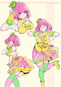 Rule 34 | > <, > o, 1girl, absurdres, ass, blue eyes, commentary, fingerless gloves, gloves, hand on own cheek, hand on own face, high heels, highres, kamen rider, kamen rider ex-aid (series), lee brocco, leg up, light smile, multiple views, necktie, one eye closed, open hand, pink hair, poppi pipopapo, short hair, thighhighs, yellow background, yellow gloves, zettai ryouiki