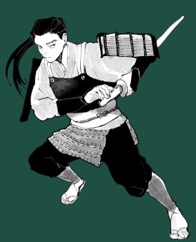 Rule 34 | 1boy, armor, black hair, black pants, breastplate, closed mouth, commentary request, drawing sword, dungeon meshi, fighting stance, full body, green background, highres, holding, holding sword, holding weapon, japanese armor, japanese clothes, long hair, lunging, male focus, monochrome, nya pe, open-toe shoes, pants, ponytail, shoulder armor, shurou, solo, spot color, sword, weapon