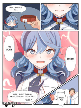 1girl 4koma absurdres ako_(blue_archive) blue_archive blue_eyes blue_hair blush choker comic english_text highres leash male_sensei_(blue_archive) sensei_(blue_archive) shirt snkagawa white_shirt
