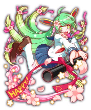 ahoge artist_request blue_sailor_collar blue_skirt blush bow brown_shoes cel_shading character_name cherry_blossoms colored_tips crash_fever diploma double_horizontal_stripe envelope fangs flower flower_symbol full_body game_cg gradient_hair graduation green_eyes green_hair hair_bow hair_flower hair_ornament hair_ribbon hairclip happy happy_(crash_fever) holding holding_diploma horizontal-striped_thighhighs legs_up loafers long_hair long_sleeves multicolored_hair neckerchief official_art outline pink_bow pink_flower pink_petals pink_ribbon pleated_skirt red_neckerchief red_outline red_ribbon ribbon sailor_collar school_uniform serafuku shoes simple_background skirt sleeve_cuffs solo star_(symbol) star_in_eye striped_clothes striped_collar striped_thighhighs symbol_in_eye tachi-e text_print thighhighs transparent_background very_long_hair white_serafuku white_sleeves white_thighhighs x_hair_ornament