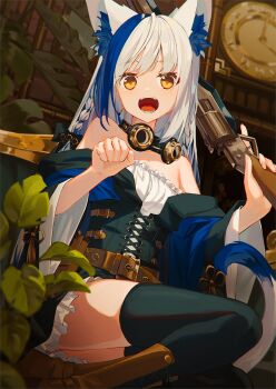 1girl animal_ear_fluff animal_ears aomiya_yozuri bare_shoulders black_skirt black_thighhighs blue_hair blush boots brown_boots cat_ears cat_girl cat_tail clock commentary_request goggles goggles_around_neck gunblade hair_between_eyes highres holding holding_weapon indie_virtual_youtuber long_hair looking_at_viewer multicolored_hair nagishiro_mito open_mouth paw_pose sidelocks sitting skirt solo streaked_hair tail thighhighs virtual_youtuber weapon white_hair yellow_eyes zettai_ryouiki