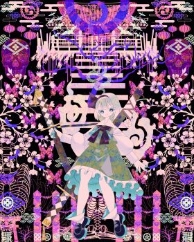 Rule 34 | 1girl, absurdres, aqua nails, black hairband, black shoes, boku (isizakitakasi), bright pupils, bug, butterfly, crescent moon, flower, green skirt, green vest, grey eyes, grey hair, hairband, highres, igeta (pattern), insect, katana, kikumon, konpaku youmu, looking at viewer, moon, seigaiha, shippou (pattern), shirt, shoes, short hair, skirt, socks, solo, stairs, sword, touhou, vest, weapon, white flower, white pupils, white shirt, white socks, wide shot