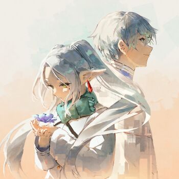 1boy 1girl arkilide back-to-back blue_eyes blue_tunic closed_mouth coat commentary earrings elf english_commentary floating_earrings flower frieren green_eyes green_scarf highres himmel_(sousou_no_frieren) jewelry looking_down parted_bangs pointy_ears scarf short_hair smile sousou_no_frieren thick_eyebrows tunic twintails white_coat white_hair