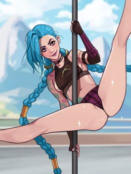 1girl arcane:_league_of_legends arcane_jinx blue_hair blush braid breasts closed_mouth cloud_tattoo collarbone commentary english_commentary fingerless_gloves gloves highres jinx_(league_of_legends) league_of_legends long_hair looking_at_viewer medium_breasts midriff nail_polish navel olena_minko pink_eyes pole smile solo sparkle spread_legs stripper_pole tattoo twin_braids very_long_hair