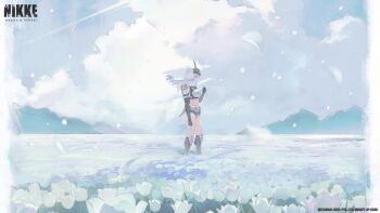 1girl absurdres armored_boots bandaged_leg bandages boots breasts cloud cloudy_sky day field flower flower_field goddess_of_victory:_nikke goggles goggles_on_head highres holding holding_flower large_breasts long_hair mechanical_arms mountainous_horizon navel official_art outdoors scar shorts sky snow_white_(heavy_arms)_(nikke) snow_white_(nikke) solo standing white_flower white_hair white_shorts yellow_eyes