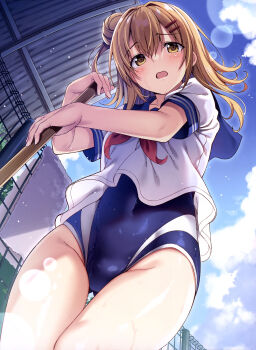 Rule 34 | 1girl, absurdres, blue sailor collar, blue sky, blush, brown eyes, brown hair, cloud, cloudy sky, collarbone, covered navel, cowboy shot, dengeki moeoh, exhausted, from below, gluteal fold, groin, hair between eyes, hair bun, hair ornament, hairclip, highres, holding, lens flare, light particles, long hair, looking ahead, looking down, magazine scan, neckerchief, nozomi tsubame, one side up, open mouth, original, outdoors, parallel hairclips, red neckerchief, sailor collar, sailor shirt, scan, school swimsuit, shiny skin, shirt, short sleeves, sidelocks, sky, solo, standing, sunlight, sweat, swimsuit, swimsuit under clothes, thigh gap, thighs, third-party source, towel