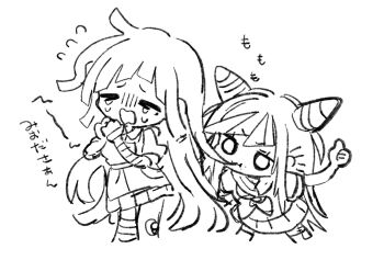 Rule 34 | 2girls, :3, ameko53133, bandaged arm, bandaged leg, bandages, chibi, chibi only, closed eyes, commentary request, crying, danganronpa (series), danganronpa 2: goodbye despair, dress flower, flower, flying sweatdrops, greyscale, hair horns, hair in another's mouth, long hair, mioda ibuki, monochrome, multiple girls, neckerchief, o o, open mouth, school uniform, serafuku, shirt, simple background, skirt, tears, thumbs up, translation request, white background