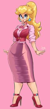 1girl absurdres blonde_hair blue_eyes bracelet breasts curvy earrings female_focus full_body glasses high_heels highres jamoart jewelry large_breasts long_hair looking_at_viewer mario_(series) nintendo ponytail princess_peach ring secretary simple_background solo wide_hips