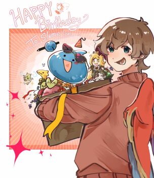 3boys :d ?_block animification anmitsu_(anmitsu40919780) applin bird_boy bird_wings birthday blonde_hair borrowed_character box brassius_(pokemon) brown_hair character_request commentary crossover english_commentary eyewear_on_head from_behind gen_8_pokemon gift_art green_hair grey_eyes grian_(youtuber) happy_birthday hassel_(pokemon) hermitcraft holding holding_box korok long_sleeves male_focus mario_(series) minecraft_youtube mini_person miniboy multiple_boys nintendo open_mouth original parrot_boy poke_ball poke_ball_(basic) pokemon pokemon_(creature) pokemon_sv red_sweater short_hair slime_(creature) smile smoliv solo_focus sunglasses sweater the_legend_of_zelda wings