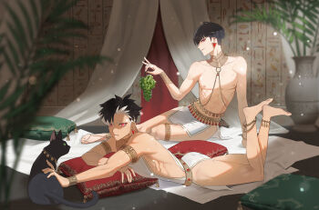 2boys 8083_blue ancient_egyptian anklet armlet barefoot black_cat black_hair bowl_cut cat commentary_request earrings food fruit holding holding_food holding_fruit holding_grape hoshina_soshiro jewelry kaijuu_no._8 lying male_focus multiple_boys narumi_gen nipples on_stomach pectorals pink_eyes plant potted_plant shredded_muscles sitting tassel toned toned_male topless_male triangle_earrings white_loincloth