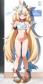 1girl :3 :d absurdres animal_ear_fluff animal_ears bar_censor bikini bikini_top_only blonde_hair blue_bikini blue_eyes blue_nails blue_streaks blush bottomless breasts cat_ears censored cleft_of_venus collarbone commentary double_v english_commentary english_text fangs fins fish_girl fish_tail full_body gluteal_fold half-closed_eyes hands_up highleg highleg_bikini highres indie_virtual_youtuber lifebuoy_anklet lifebuoy_hair_ornament long_hair low_twintails multicolored_hair navel no_panties open_mouth outdoors paid_reward_available paper_boat pigeon-toed platform_sandals pussy sameko_saba sameko_saba_(1st_costume) sandals scrunchie side-tie_bikini_bottom sign small_breasts smile solo standing streaked_hair sweat swimsuit tail tenchi_mayo thighs twintails v v-shaped_eyebrows variant_set very_long_hair virtual_youtuber wet wrist_scrunchie