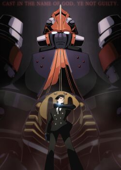 1boy absurdres big_o_(mecha) black_eyes black_gloves black_hair black_jacket black_pants black_suit closed_mouth commentary english_commentary english_text formal_clothes gloves highres jacket long_sleeves male_focus n3ss_0 pants roger_smith standing suit the_big_o