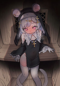 1girl @_@ absurdres animal_ears bare_shoulders breasts collarbone confessional_interior covered_navel cross cross_hair_ornament cross_necklace detached_sleeves frilled_sleeves frills gloves grey_hair hair_ornament hairclip heavy_breathing highres indie_virtual_youtuber jewelry leaning_back loli long_sleeves looking_at_viewer maplesights medium_hair mouse_ears mouse_girl necklace nemimi_yane no_panties nun pink_eyes shadow small_breasts solo swept_bangs tail thighhighs thighs virtual_youtuber white_gloves white_thighhighs wide_sleeves