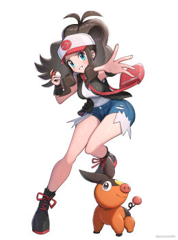 1girl absurdres bag baseball_cap black_vest blue_eyes blush breasts brown_hair closed_mouth cutoffs denim denim_shorts exposed_pocket full_body gen_5_pokemon gonzarez grin hat high_ponytail highres hilda_(pokemon) holding holding_poke_ball large_breasts long_hair looking_at_viewer nintendo open_clothes open_mouth open_vest poke_ball poke_ball_(basic) poke_ball_print pokemon pokemon_(creature) pokemon_bw ponytail shirt short_shorts shorts shoulder_bag sidelocks simple_background smile tepig vest white_background white_shirt wristband