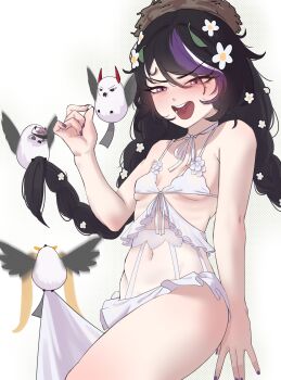 1girl absurdres bikini bird black_hair blush braid breasts cchiii commentary_request cosplay flower frilled_bikini frills goddess_of_victory:_nikke highres korean_commentary leaf leaf_on_head long_hair low_twin_braids mole mole_under_eye multicolored_hair navel open_mouth purple_eyes purple_nails purple_streaks small_breasts solo streaked_hair swimsuit syuen_(nikke) thighs tit_(bird) trina_(natural_white)_(nikke) trina_(nikke) trina_(nikke)_(cosplay) twin_braids very_long_hair white_background white_bikini white_streaks